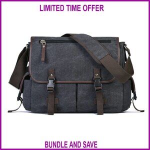 15.6" Laptop Messenger Bag Canvas Leather Multiple Pockets Anti-Theft